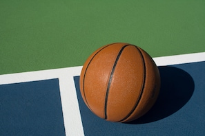 A basketball on a court with green and blue surfaces. - Doubletree by Hilton Somerset Hotel and Conference Center (Somerset)
