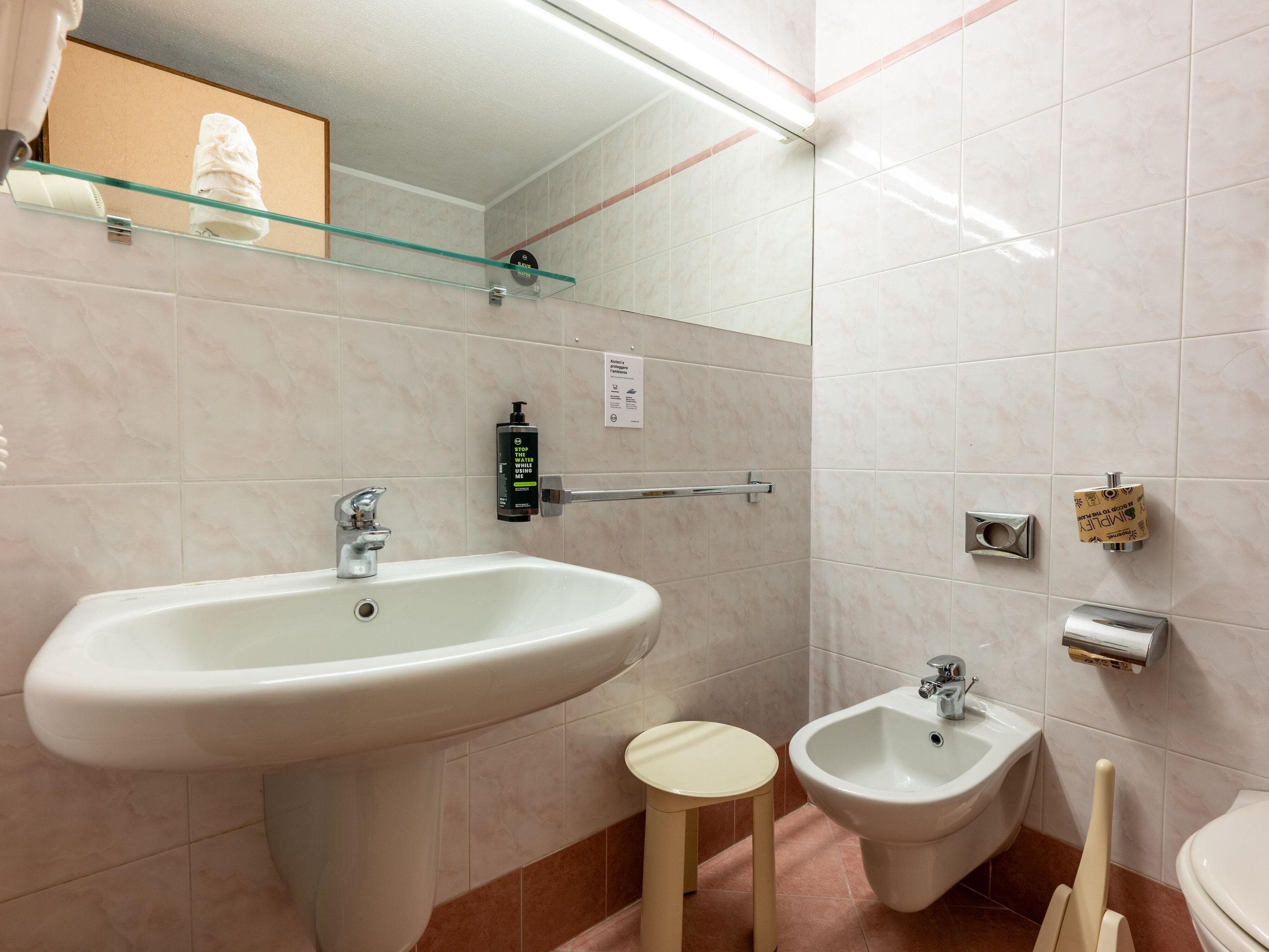 A bathroom with a sink, bidet, and a glass shelf above the mirror.