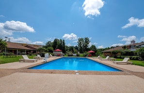 Seasonal outdoor pool, pool umbrellas, sun loungers