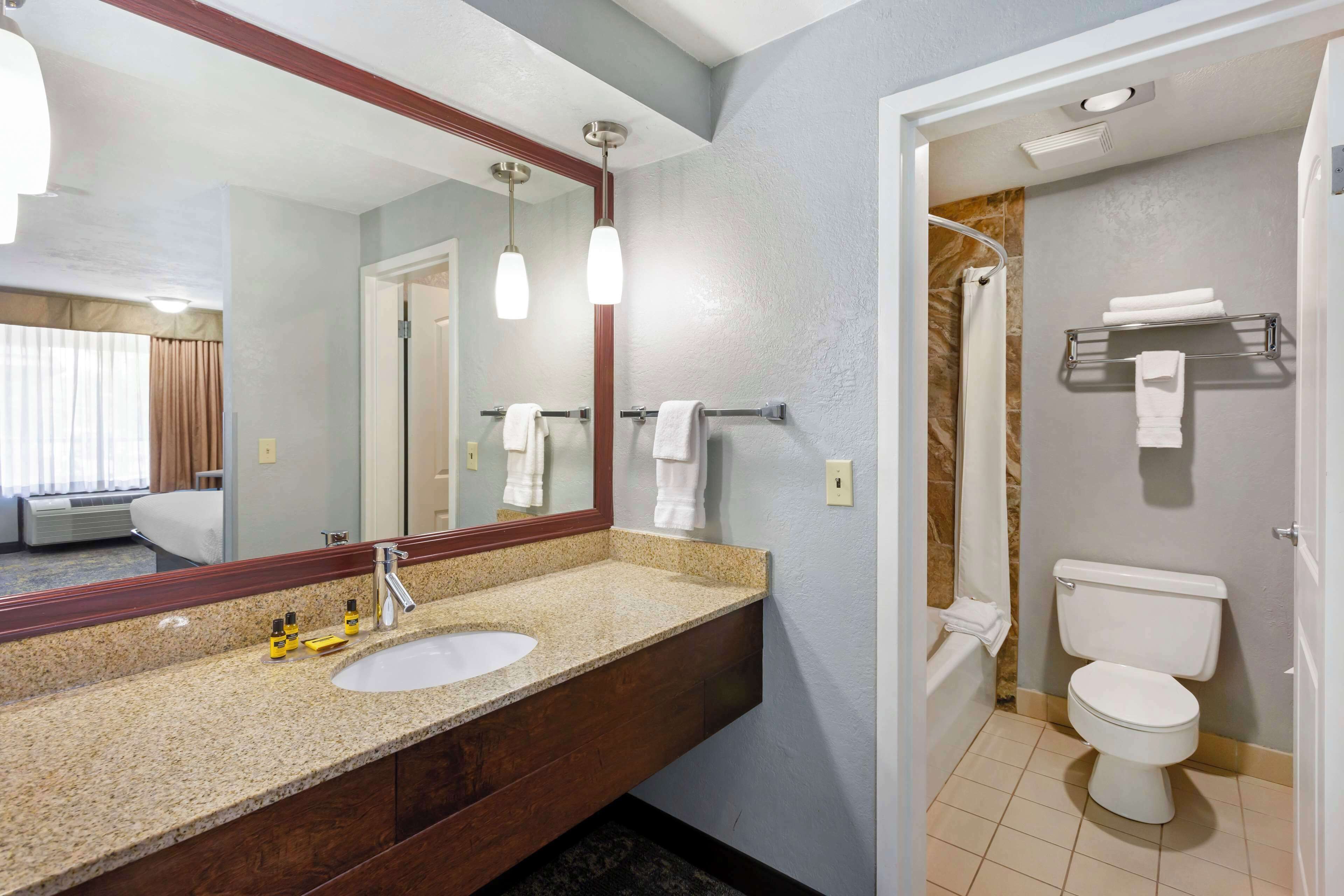 combined shower/bathtub, free toiletries, hair dryer, towels