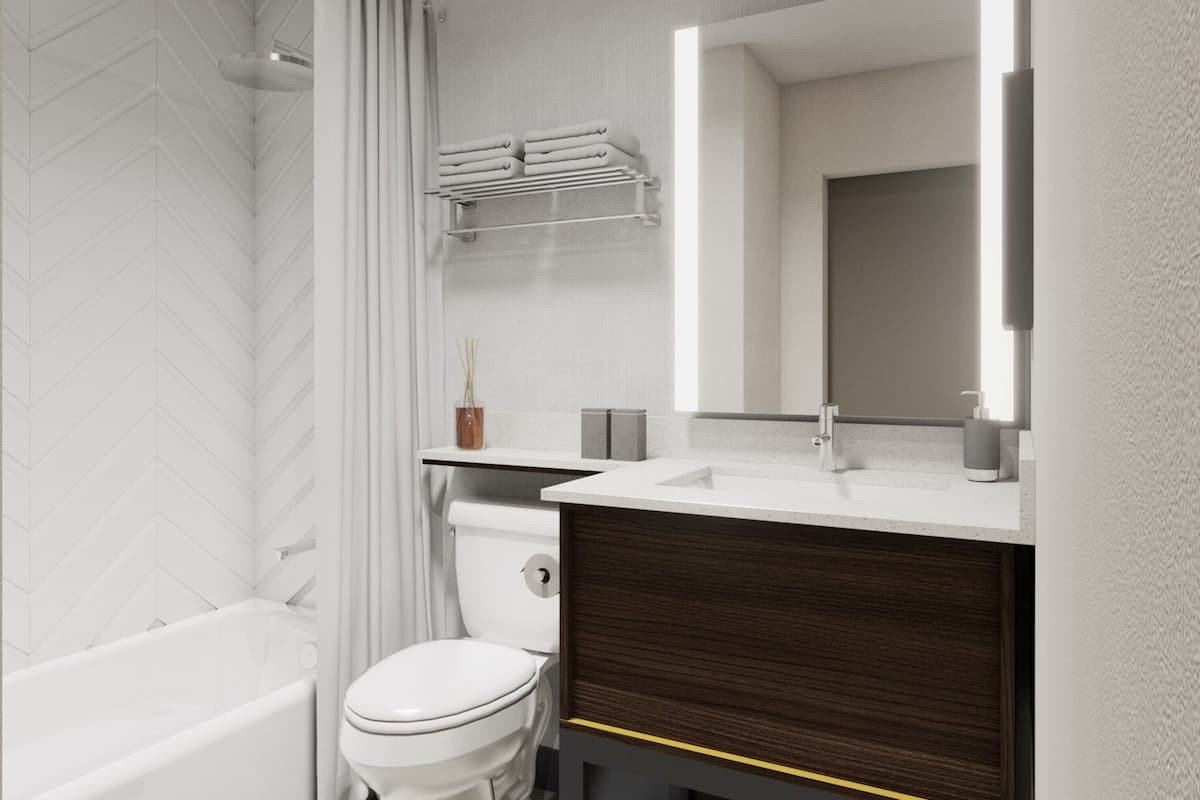 Escritorio, espacio para trabajar con laptop y cortinas blackout