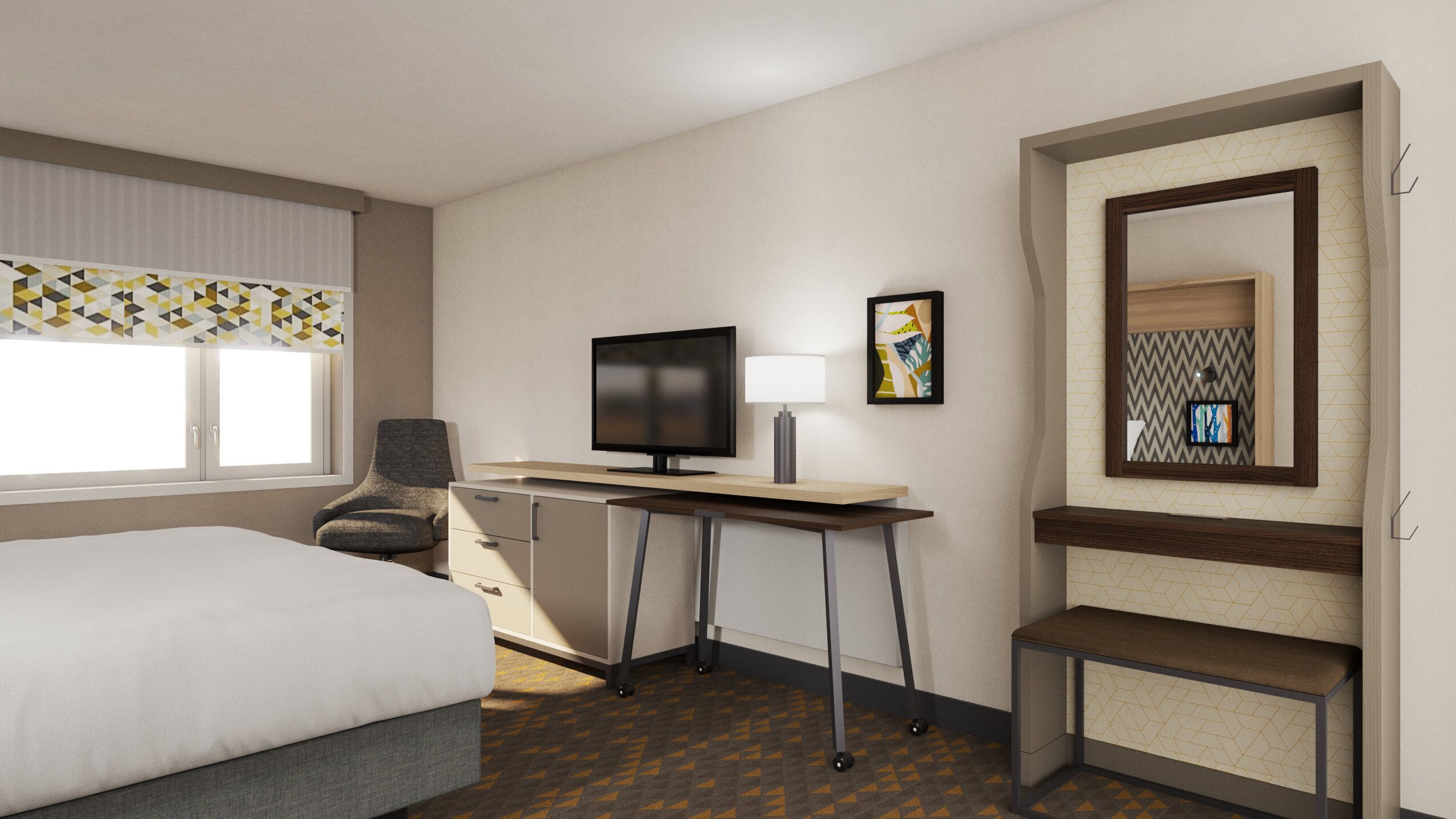 A hotel room with a bed, desk, chair, TV, lamp, artwork, and a mirror.
