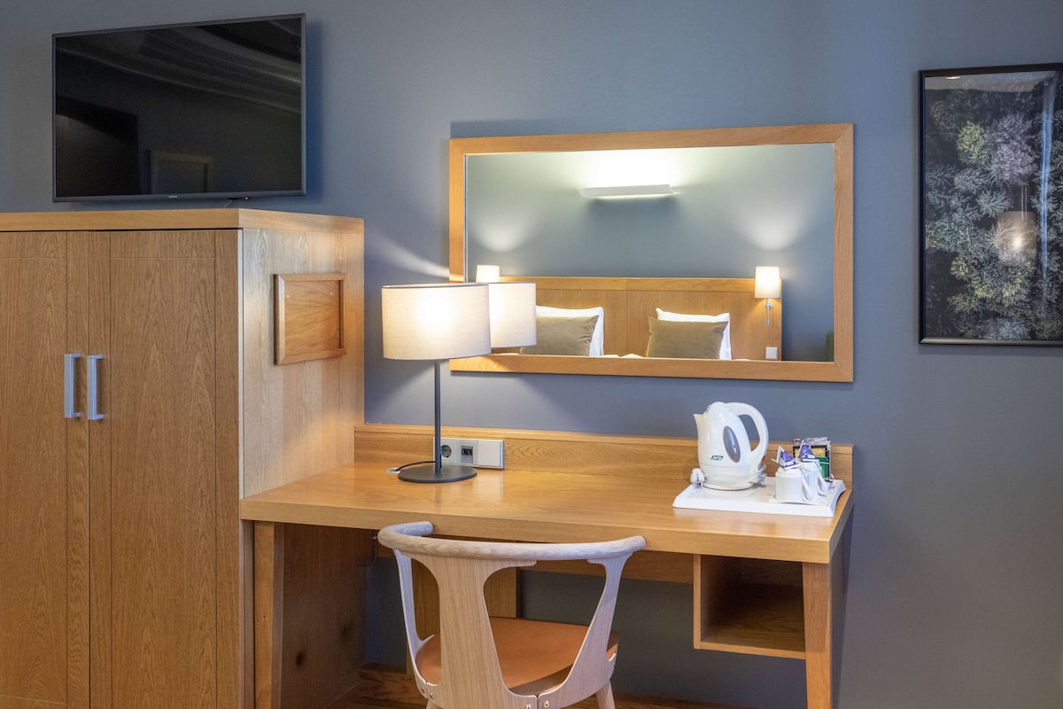 Ein Hotelzimmer mit Holztisch, Stuhl, Fernseher, Spiegel und einem gerahmten Bild an der Wand.