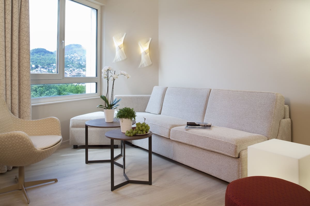 A modern living room with a sofa, armchair, and a small table with a plant and fruit.
