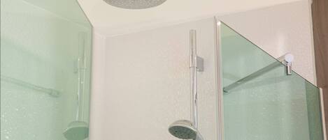 A modern bathroom with a glass shower enclosure, a handheld showerhead, and a vertical rain showerhead.
