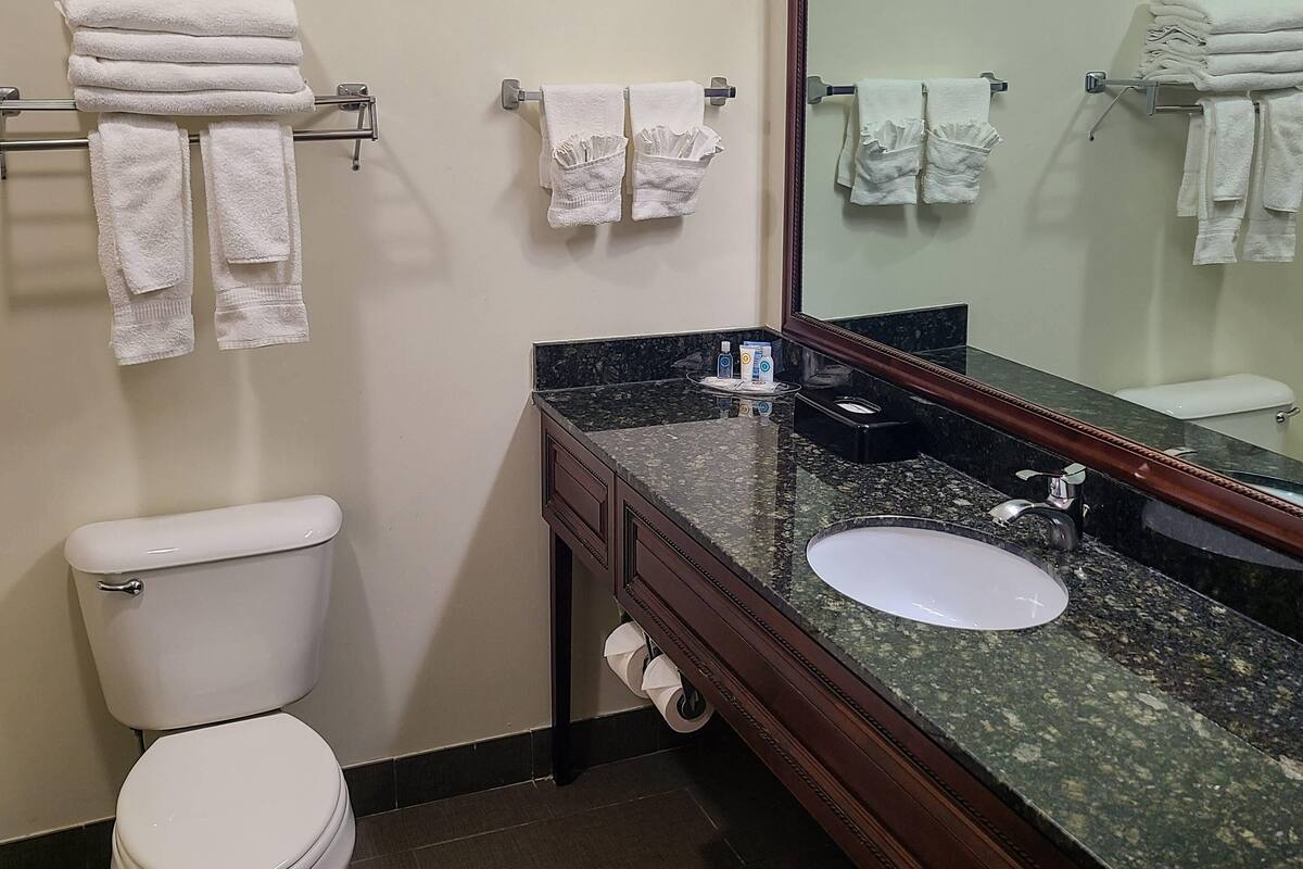 A bathroom with a toilet, sink, and mirror. There are towels hanging on a rack.