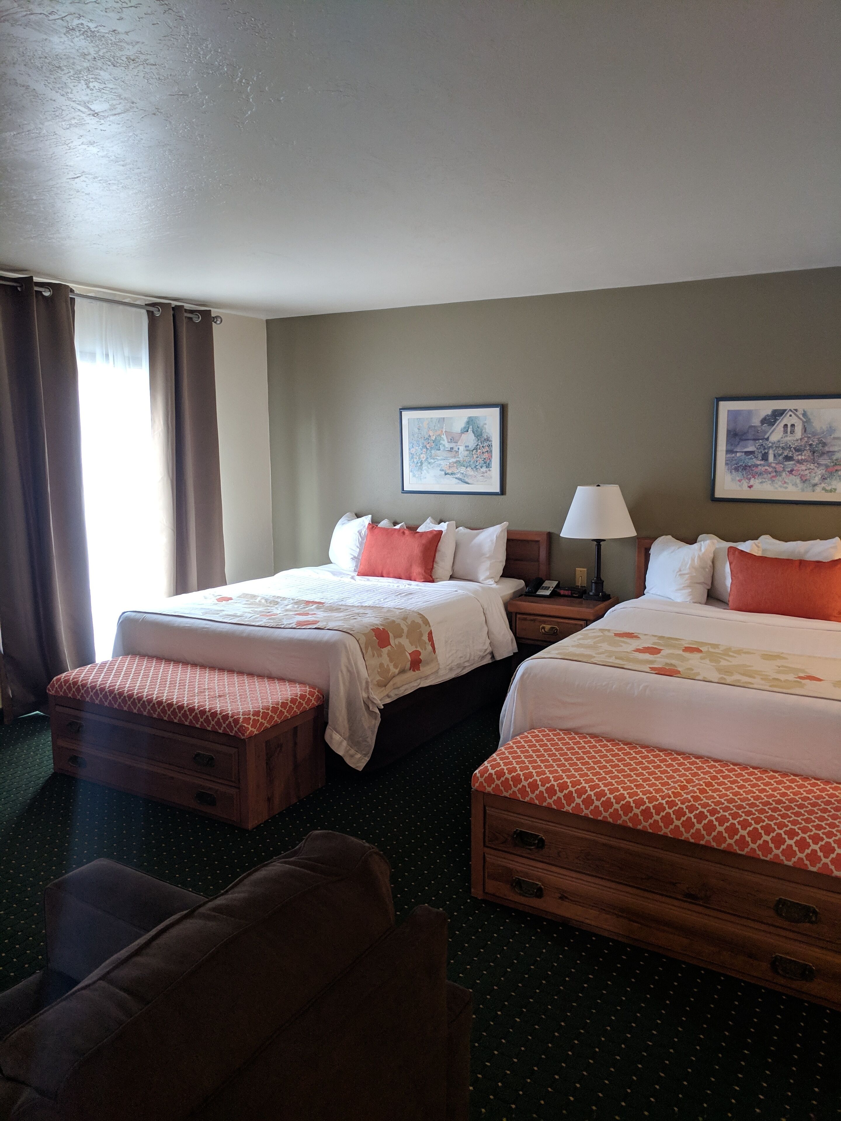 desk, laptop workspace, blackout curtains, iron/ironing board