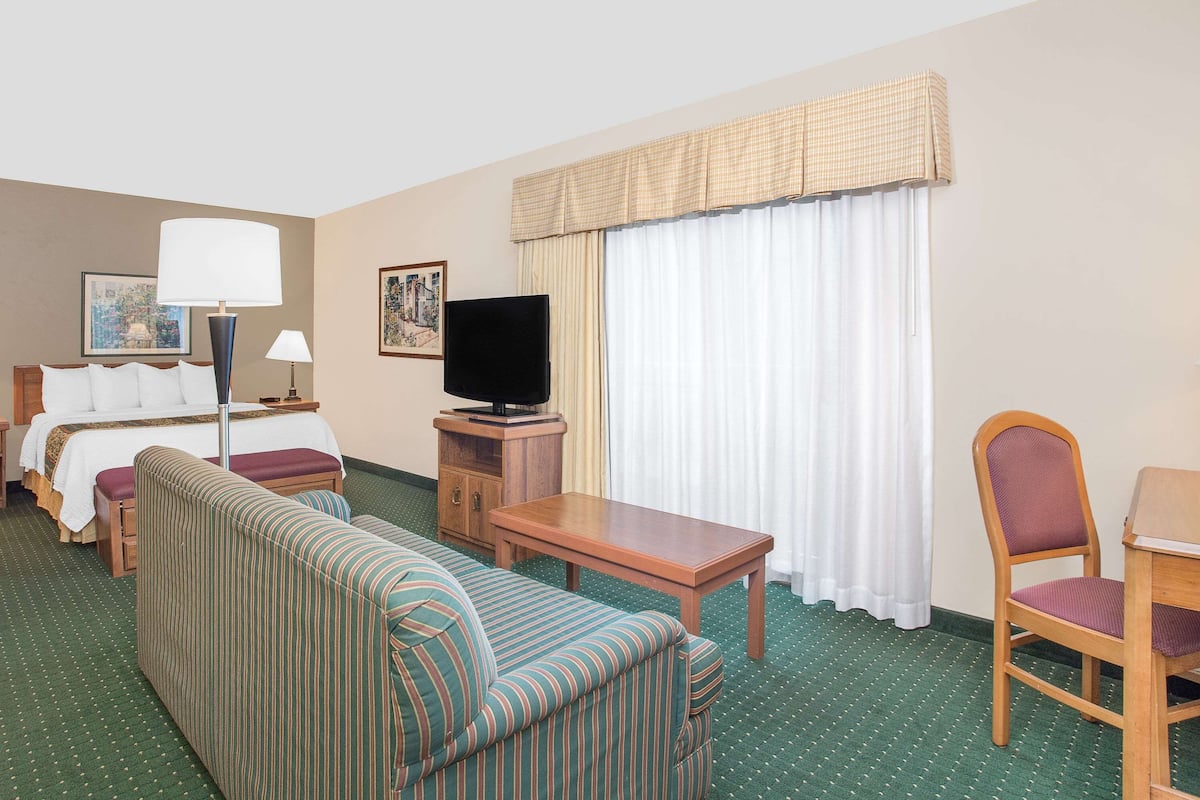 A hotel room with a bed, a sofa, a television, a table, and a chair.