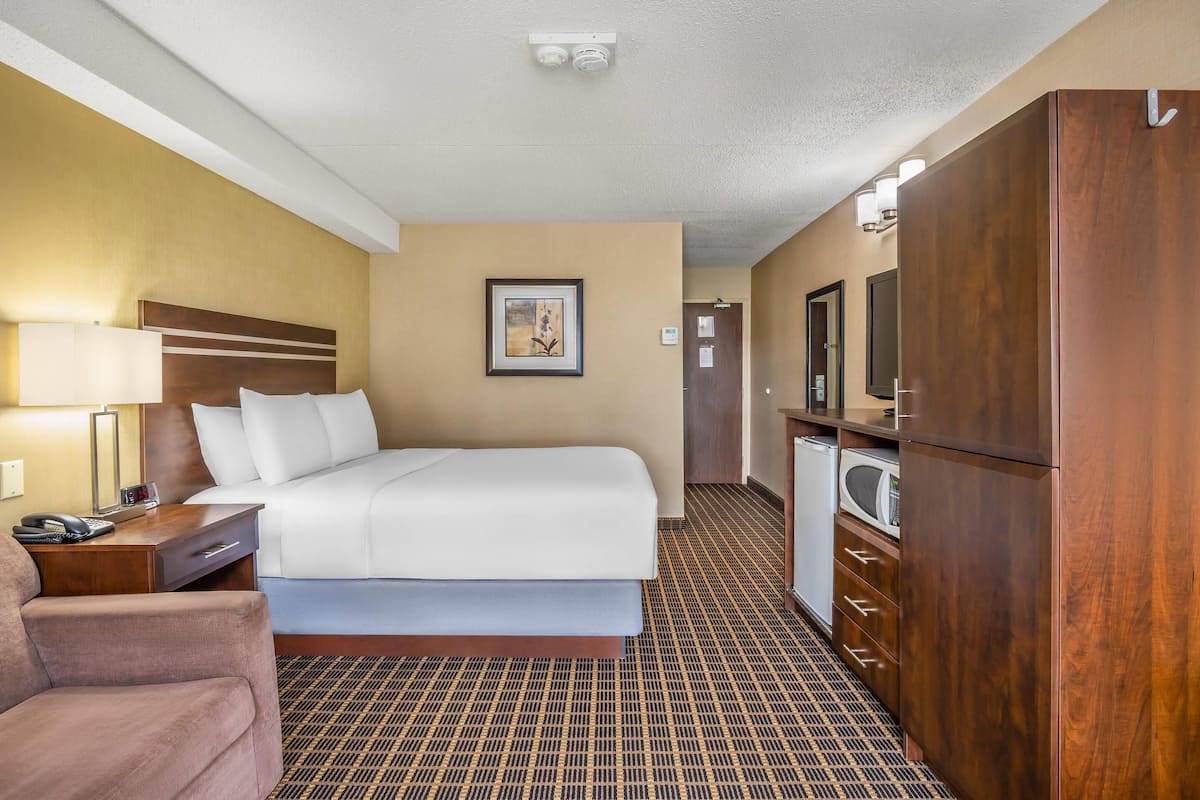 A hotel room with a bed, a desk, a chair, a wardrobe, a mirror, and a small kitchenette.