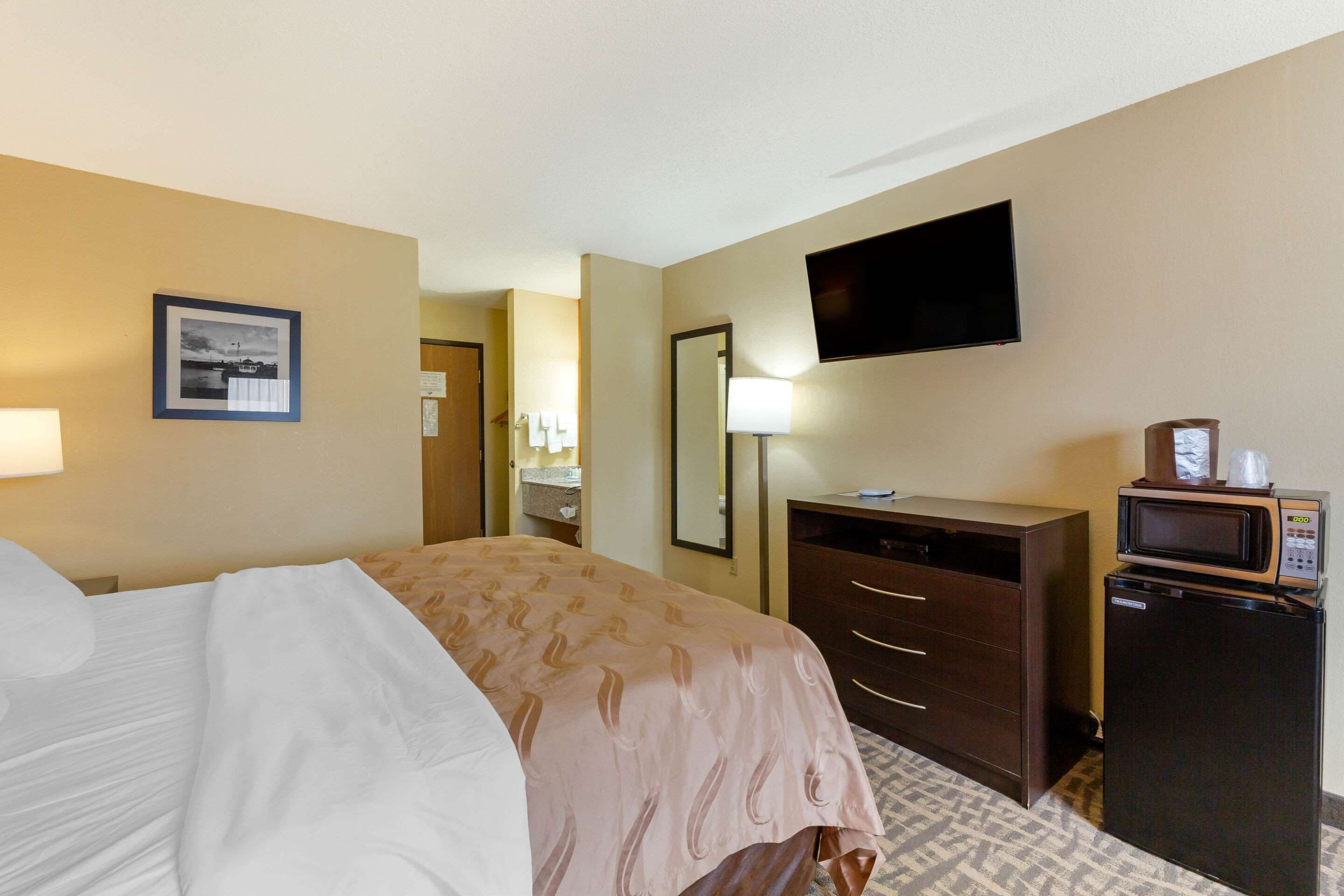 Habitación de hotel con cama, cómoda, microondas, televisión y un cuadro en la pared.