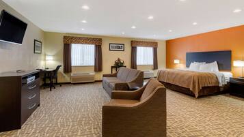 Habitación de hotel con cama, dos sillones, un escritorio con silla, televisor y dos ventanas con cortinas.