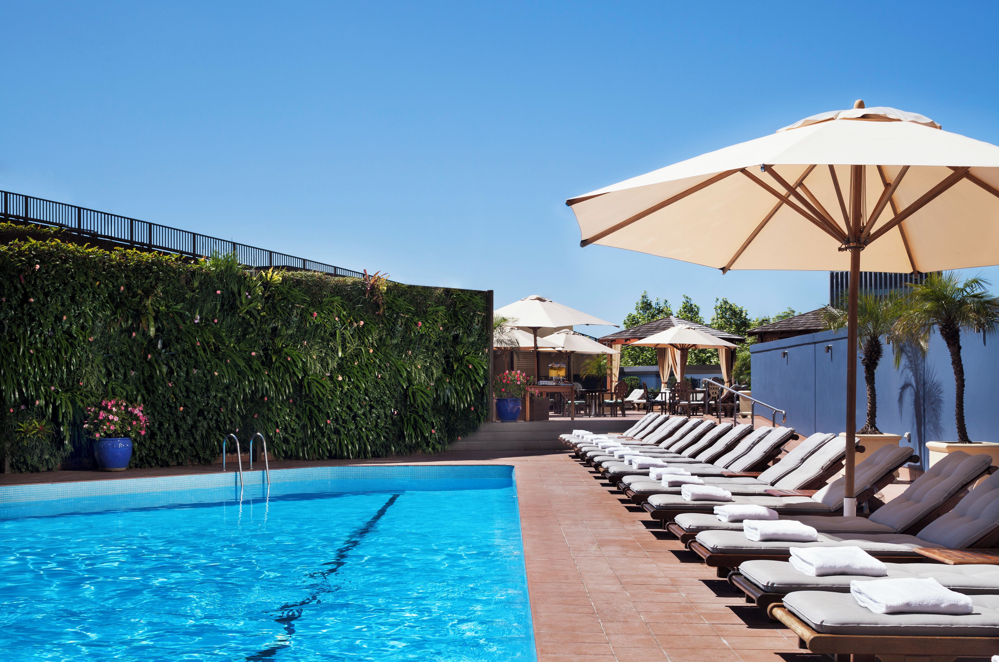 Zona de piscina con sillones de descanso y sombrillas, una piscina azul cristalina y un seto verde.