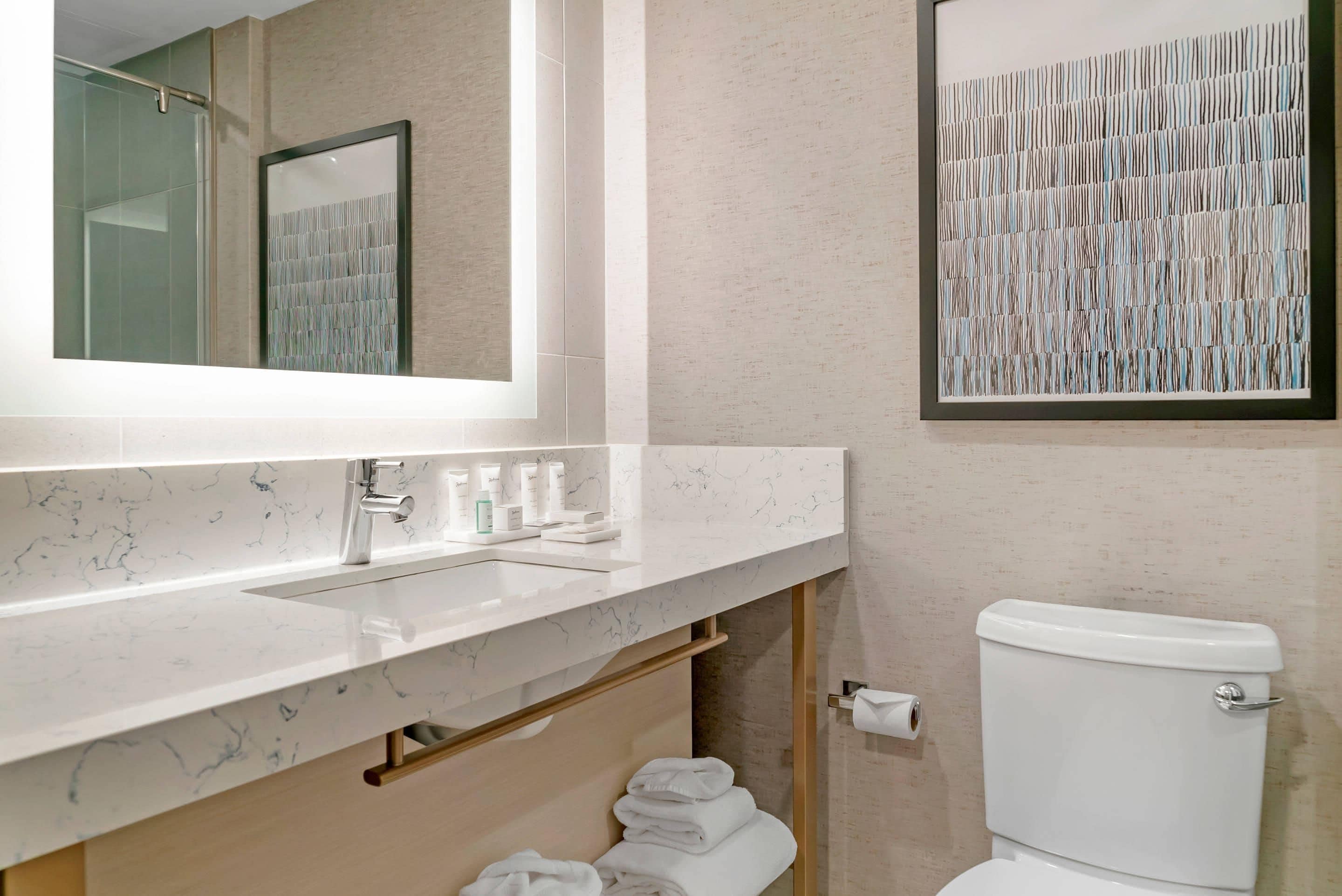 A bathroom with a marble sink, a toilet, and a towel rack.