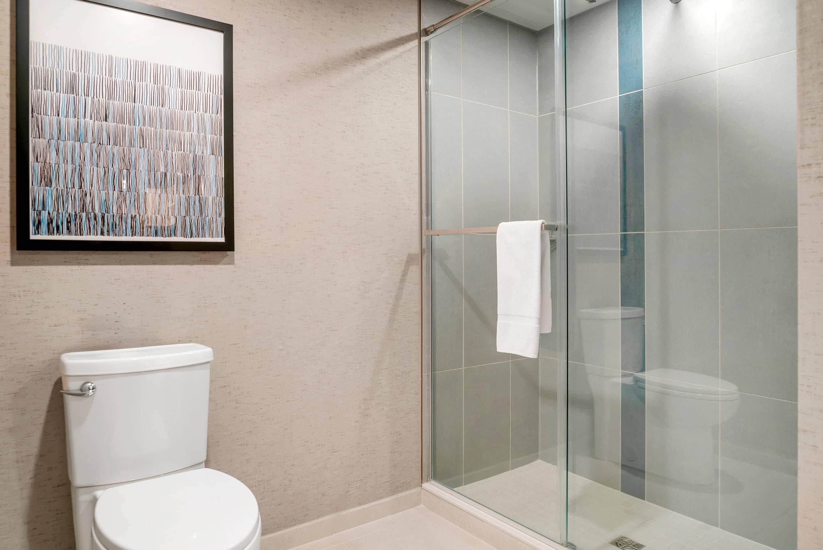 A bathroom with a toilet, a glass shower enclosure, and a framed abstract artwork on the wall.