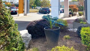 Un edificio moderno con zona de estacionamiento techada, asientos exteriores y macizos de flores ajardinados.