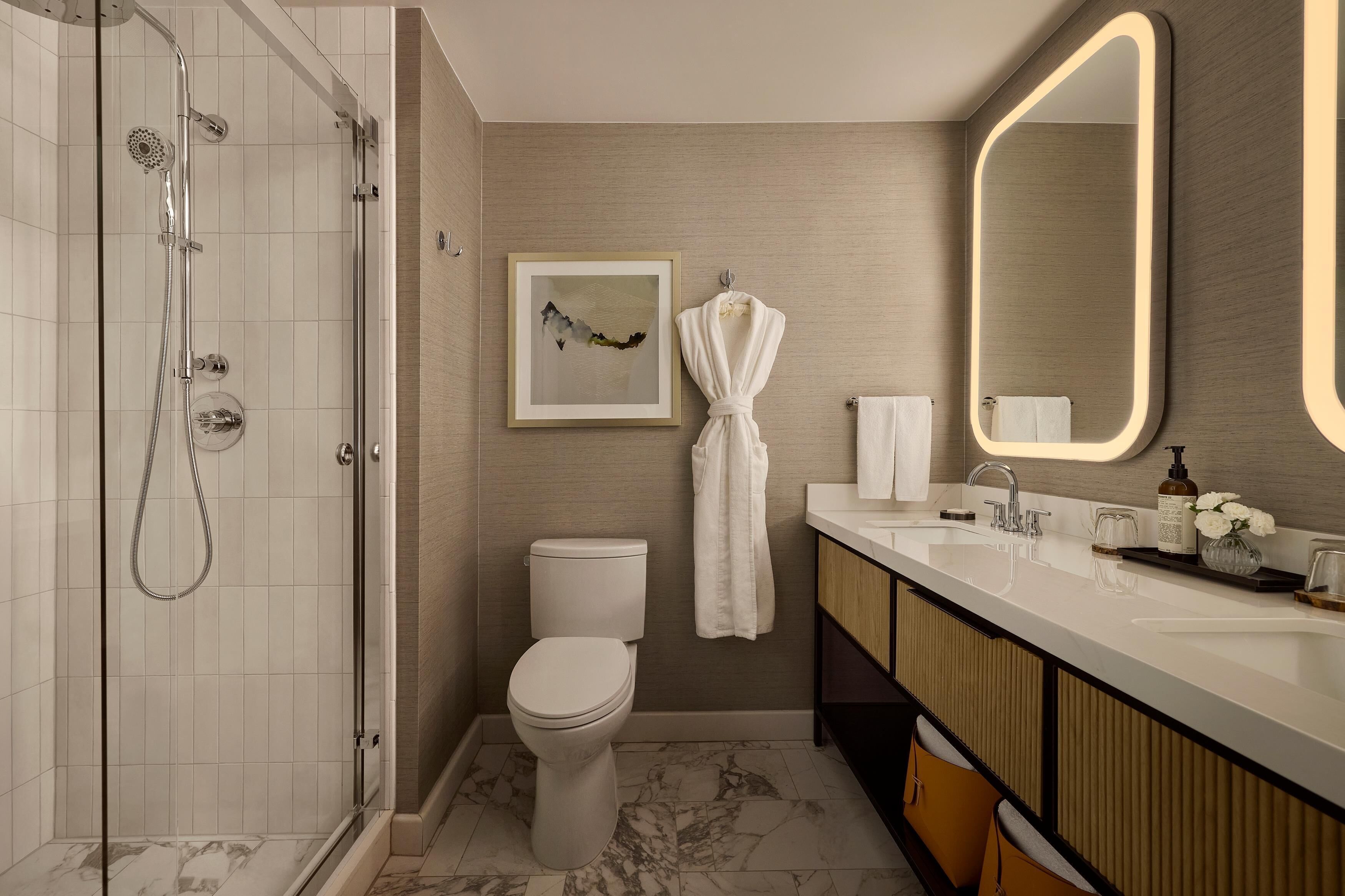 Combined shower/tub, free toiletries, hair dryer, bathrobes