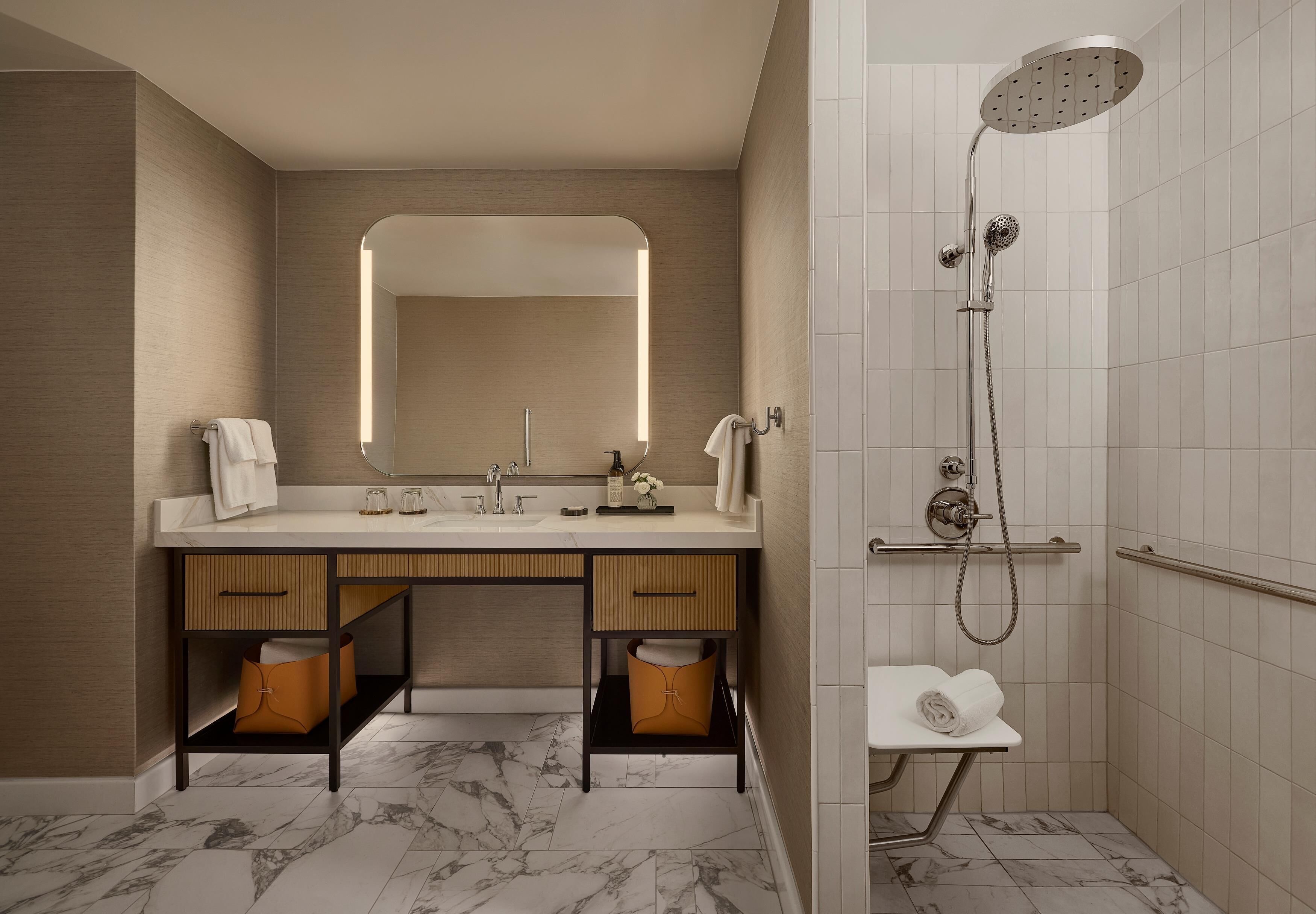 Room, 2 Queen Beds, Accessible (Shower) | Bathroom | Combined shower/tub, free toiletries, hair dryer, bathrobes