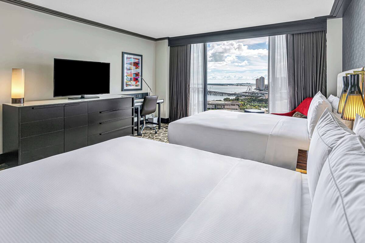 Une chambre d’hôtel avec deux lits, un bureau, une télévision et une grande fenêtre donnant sur la ville.