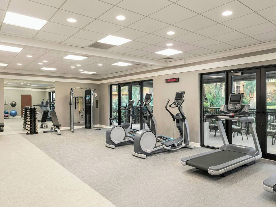 A modern gym with treadmills, elliptical machines, and weightlifting equipment.