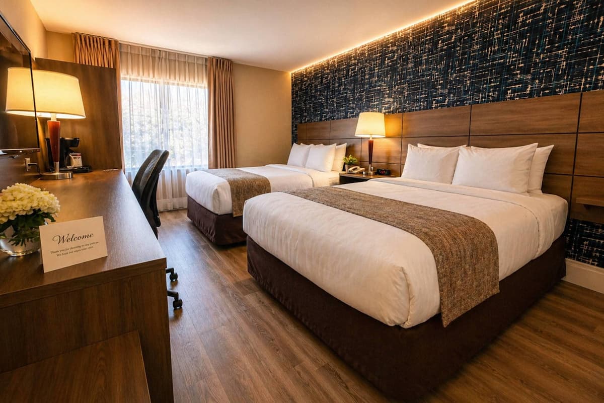 A hotel room with two beds, a desk with a 'Welcome' sign, a mirror, a lamp, and a wall with a textured pattern.