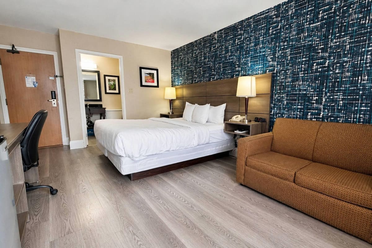 A hotel room with a bed, a sofa, a desk, a chair, and a wall with a textured pattern.