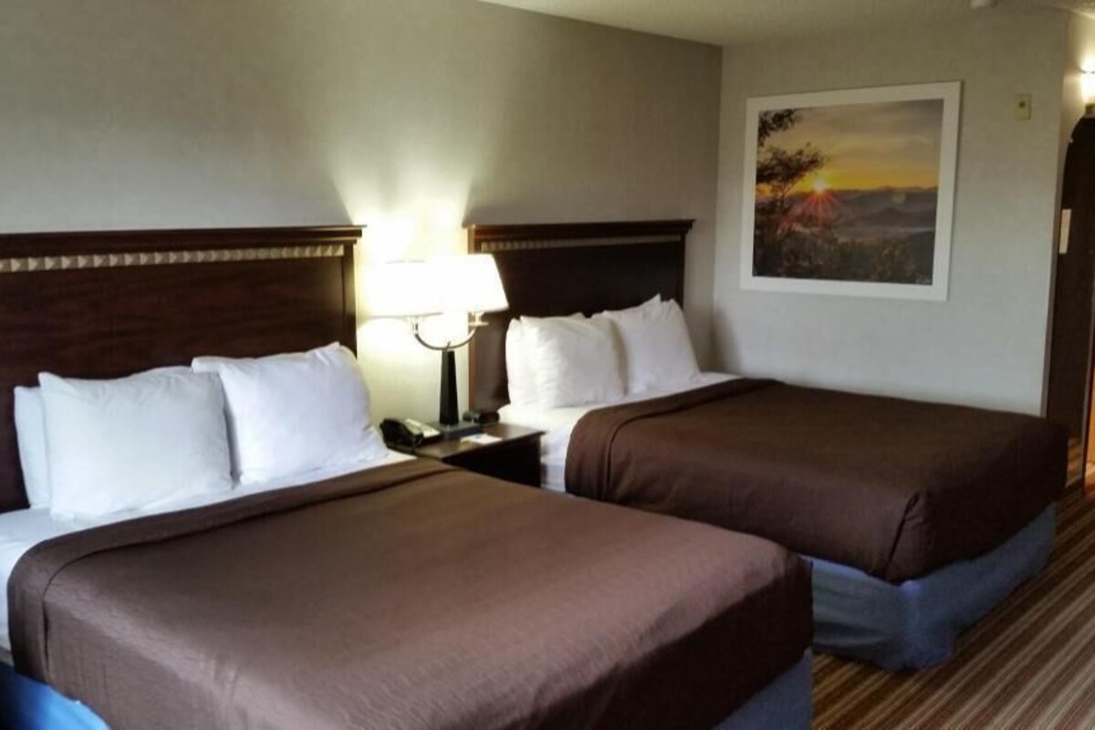 A hotel room with two beds, a nightstand with a lamp, a painting on the wall, and a carpeted floor.