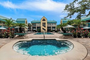 Outdoor pool, open 10:00 AM to 10:00 PM, pool umbrellas, pool loungers