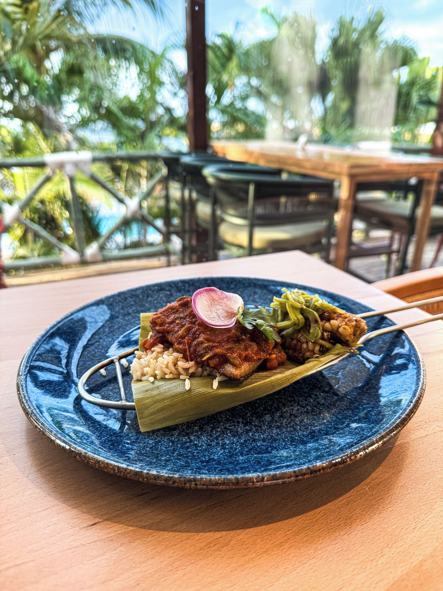 Un plato de comida con un borde azul, una mesa de madera y, al fondo, palmeras y una piscina.