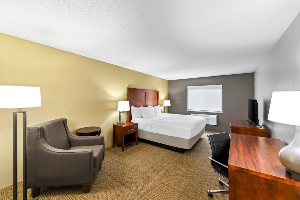 A hotel room with a bed, a desk, a chair, and a lamp.