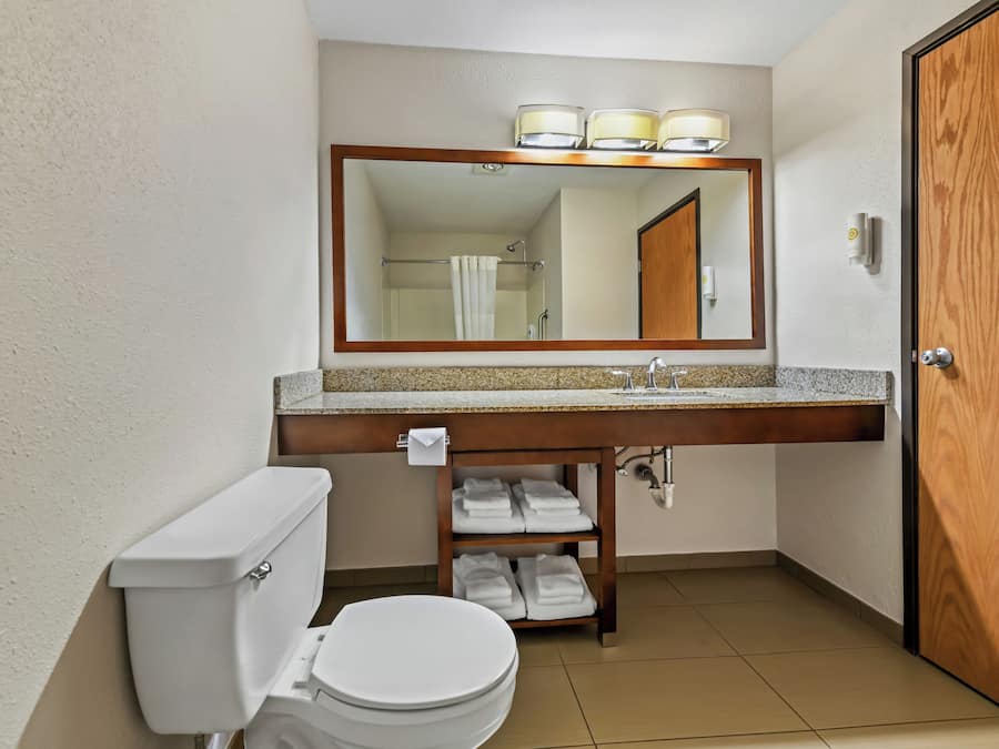 Un baño con inodoro, lavamanos, espejo y toallero.