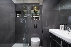 Ein modernes Badezimmer mit einer Duschkabine, einer weißen Toilette und einem Waschtisch mit Spüle und Pflegeprodukten.
