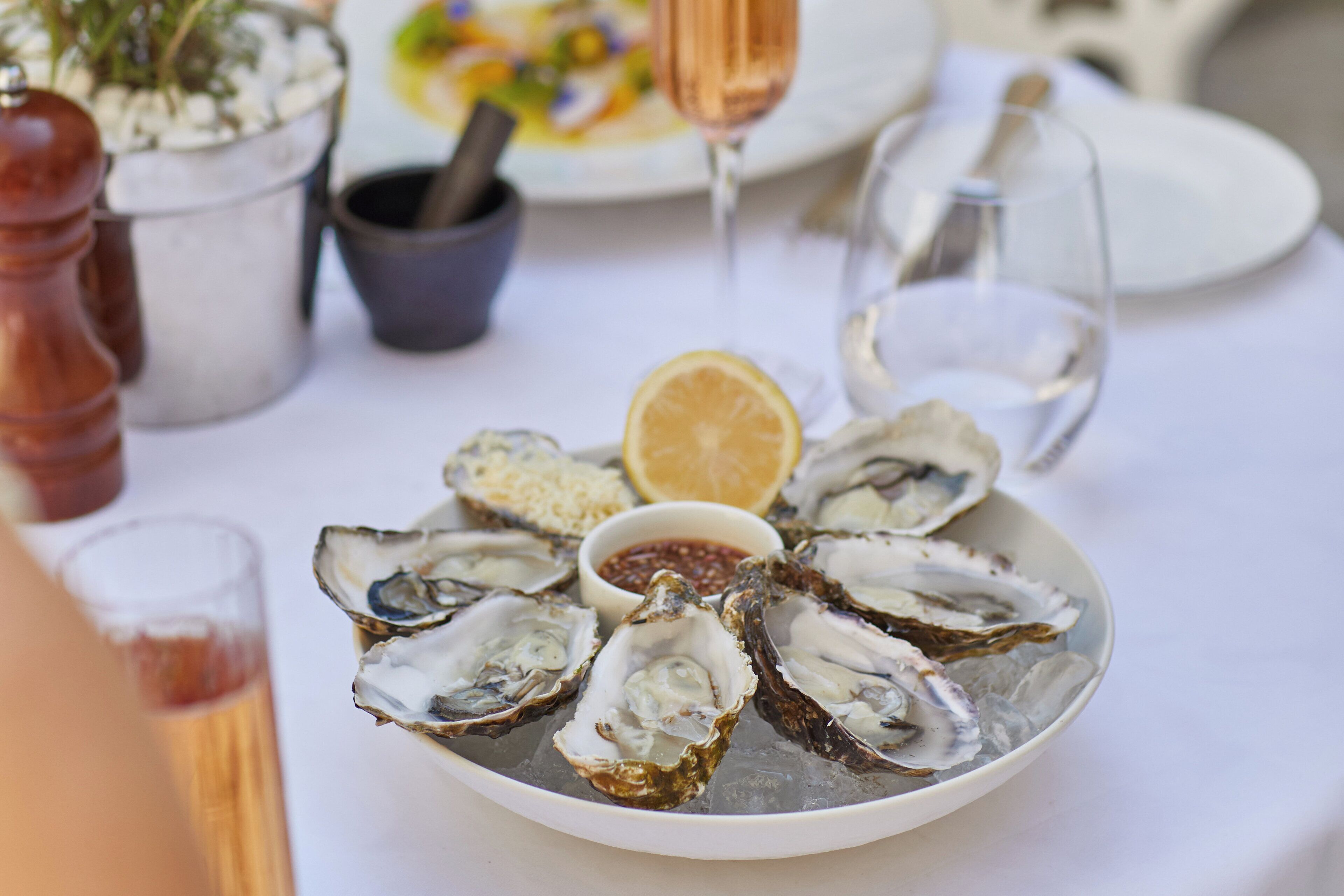 A plate of oysters with lemon and sauce, surrounded by a glass of wine and a glass of water.