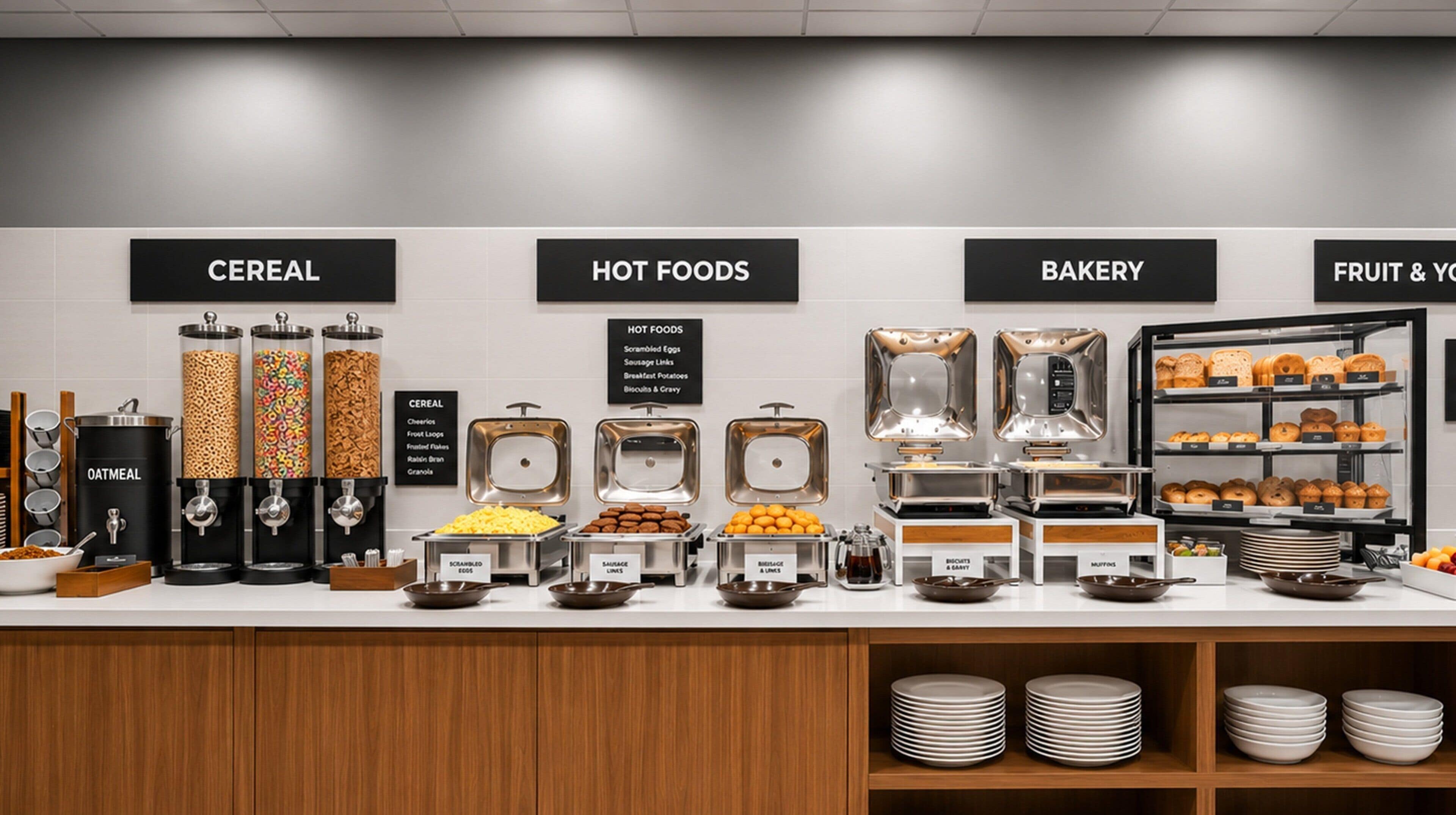 A buffet with labeled sections for cereal, hot foods, bakery, and fruit & yogurt.