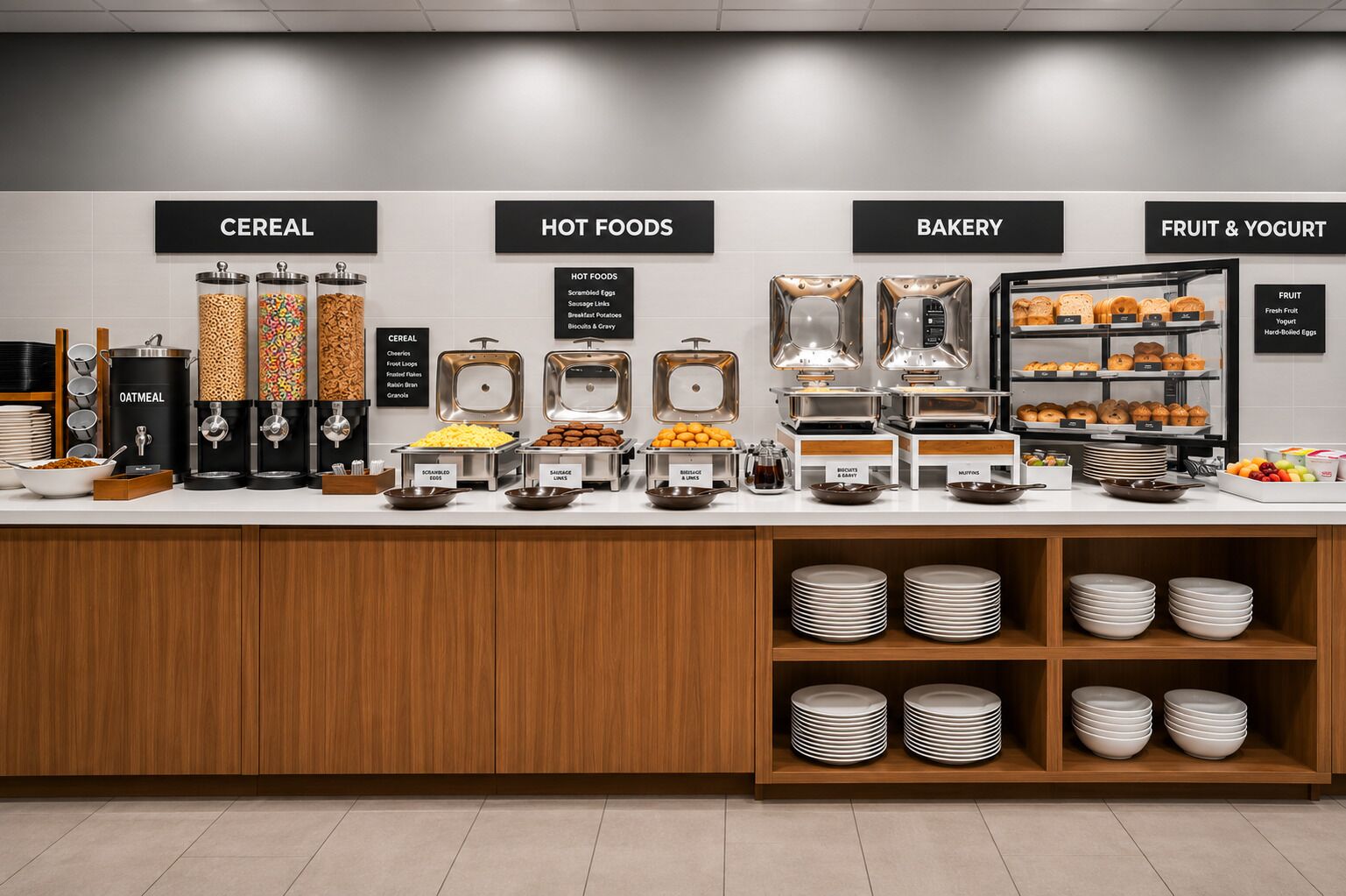 Un buffet avec des présentoirs clairement identifiés pour les céréales, les plats chauds, les produits de boulangerie, ainsi que les fruits et les yaourts.