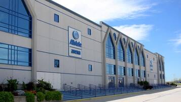 A modern building with a large sign reading "Allstate Insurance".
