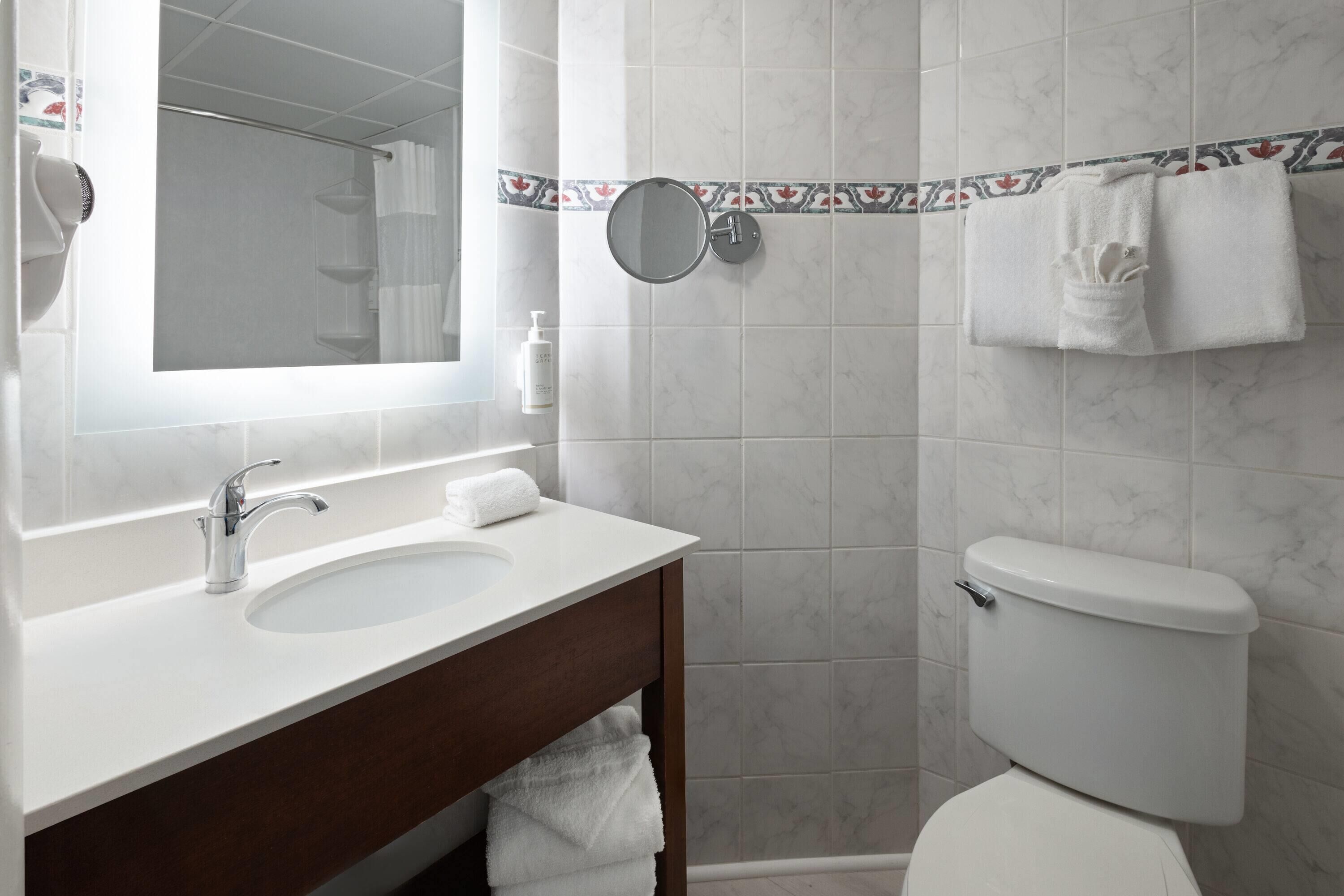 combined shower/bathtub, free toiletries, hair dryer, towels