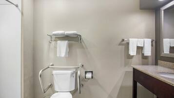 A bathroom with a toilet, grab bars, a towel rack, and a sink.