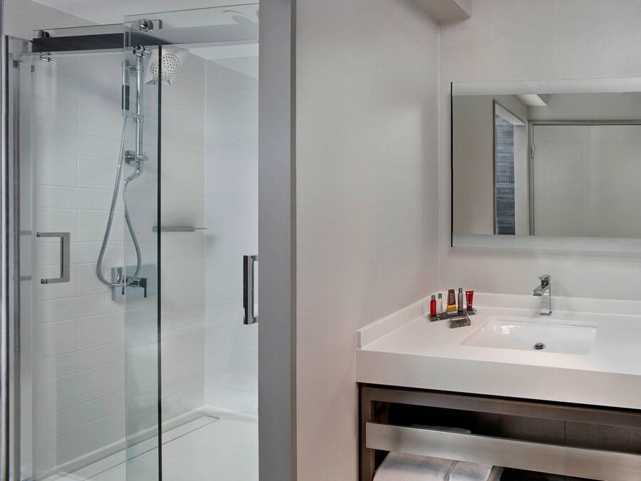 Un baño moderno con ducha envuelta en vidrio, un lavabo blanco y un espejo grande sobre el mueble.