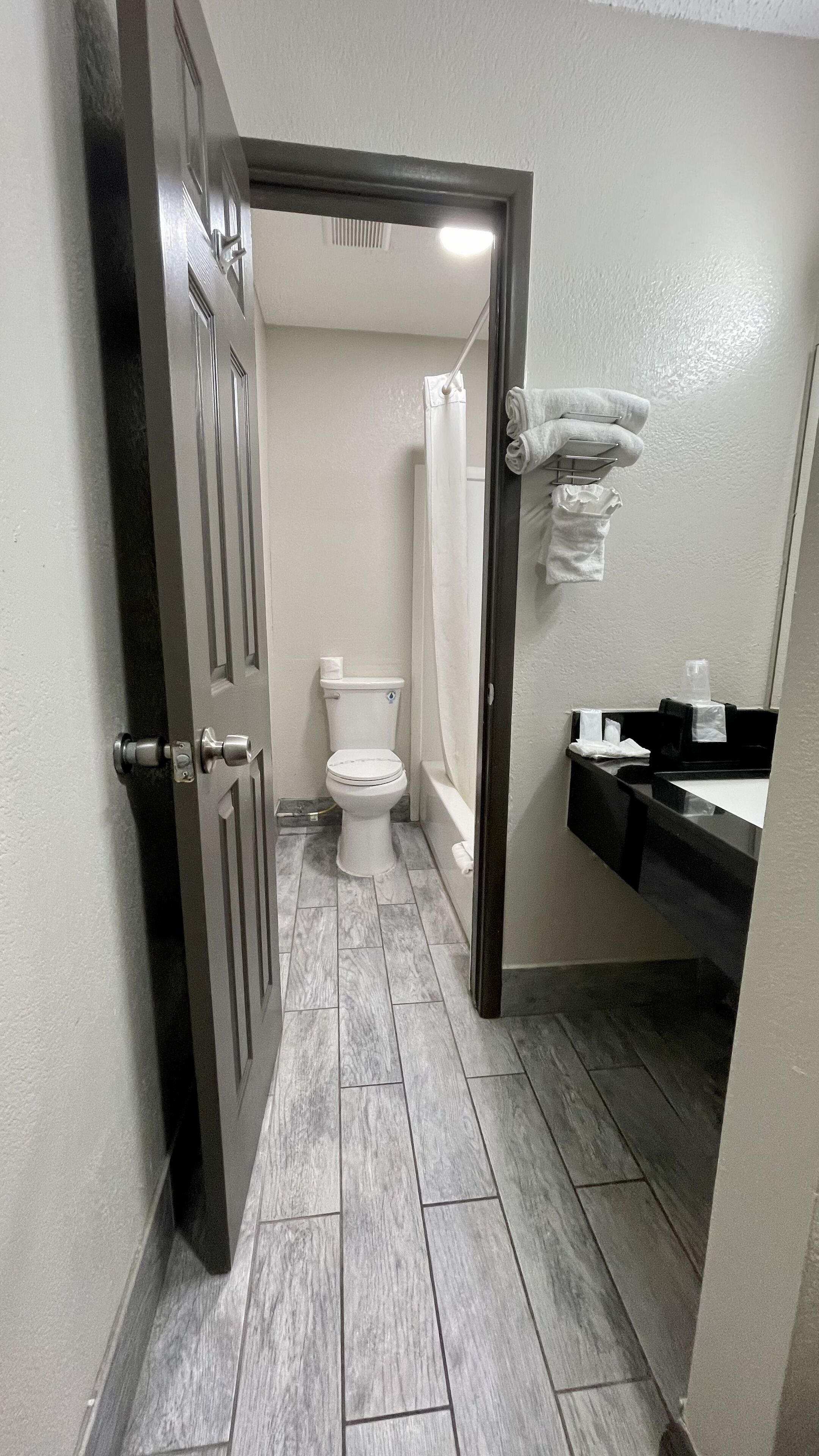 Combined shower/bathtub, free toiletries, hair dryer, towels
