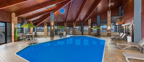 Indoor pool, open 10:00 AM to 9:00 PM, pool umbrellas, sun loungers