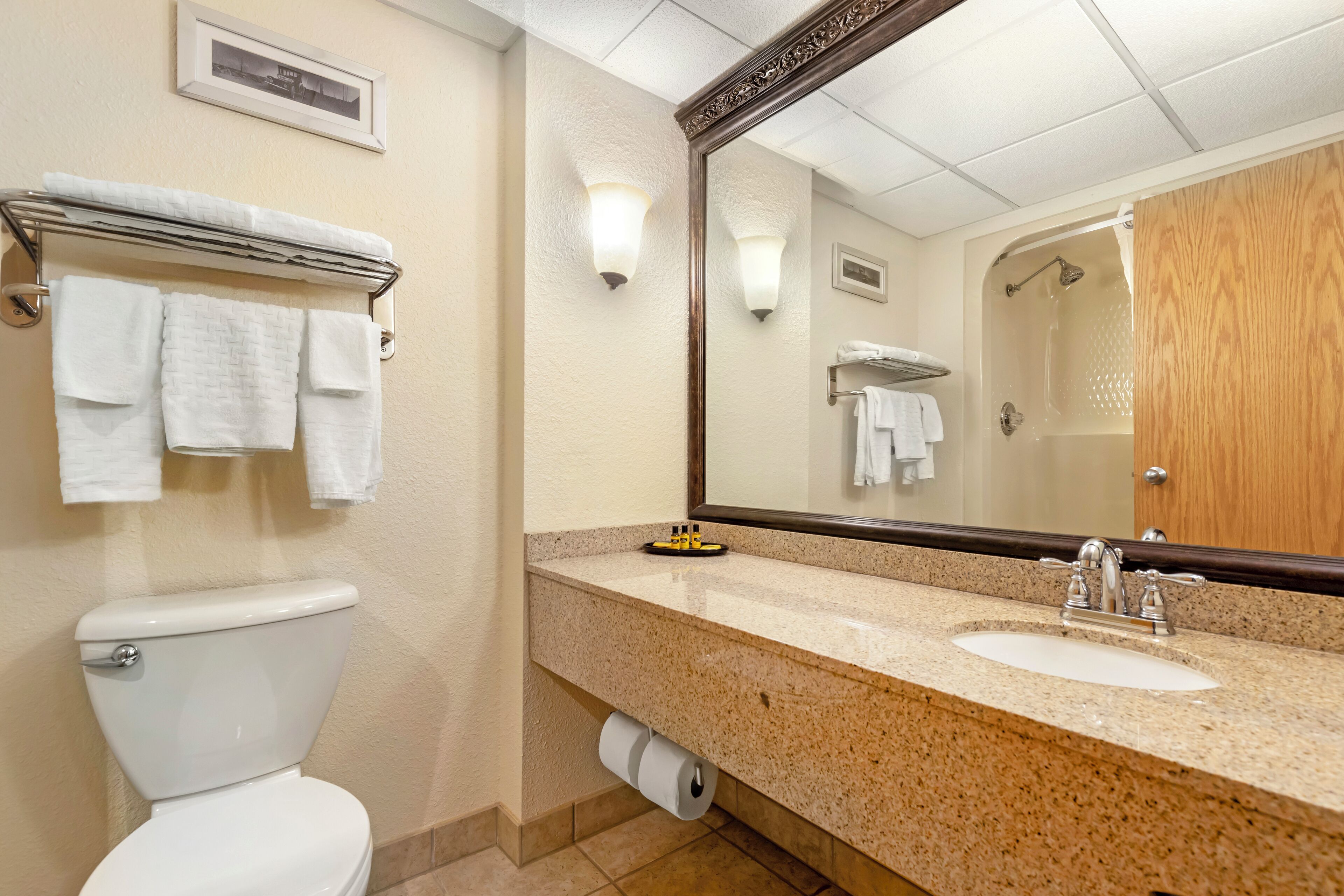 Une salle de bain avec des toilettes, un lavabo et un miroir.