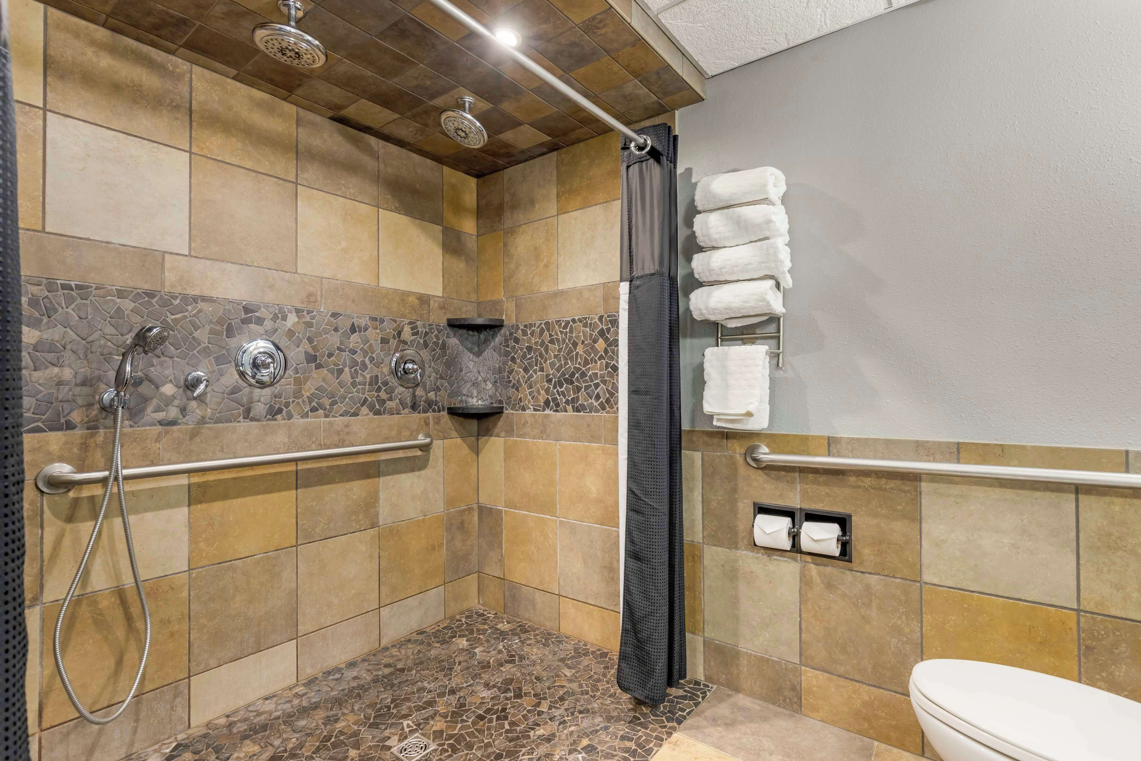A shower area with a rain showerhead, a handheld showerhead, and a grab bar.