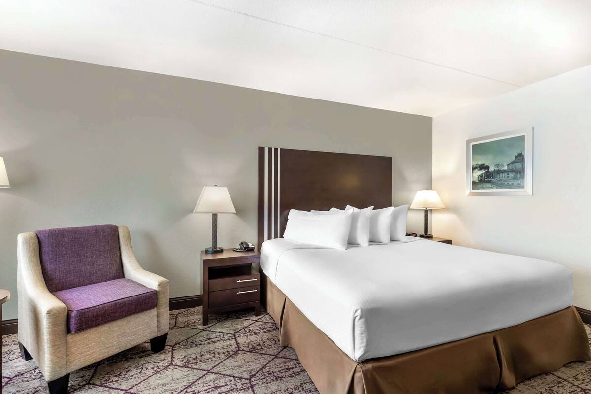 A hotel room with a bed, a chair, a nightstand, and a lamp.