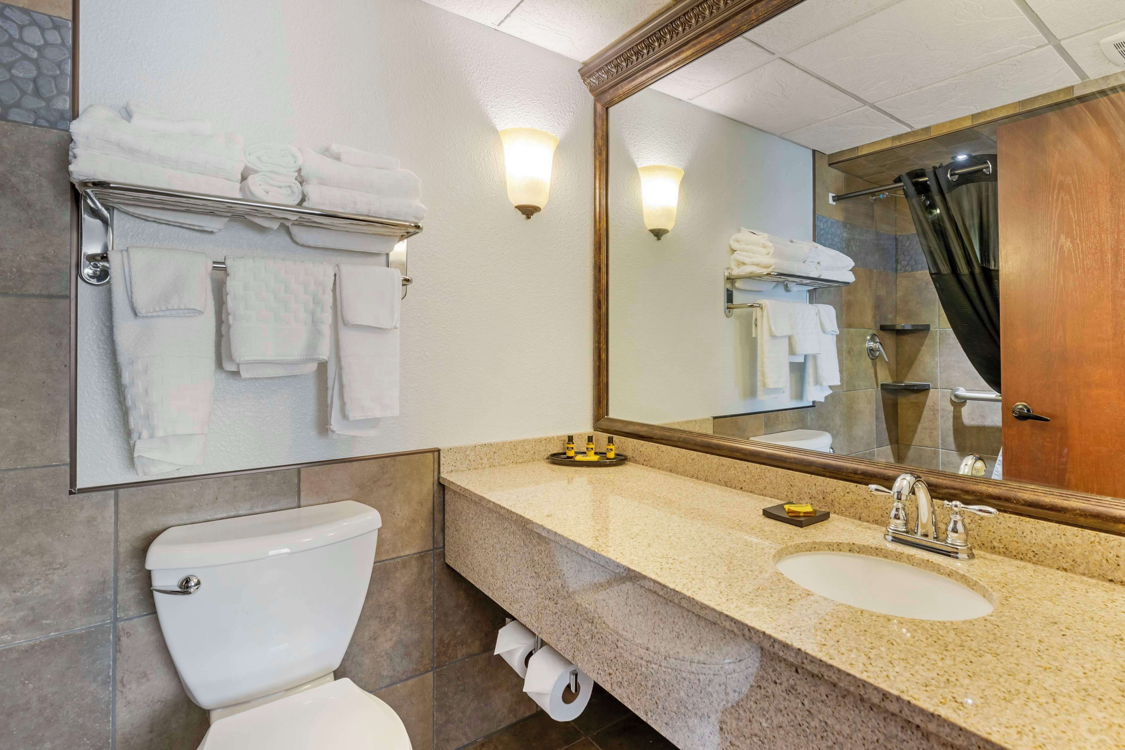 A bathroom with a toilet, sink, and mirror. There are towels on a rack and a shower curtain.