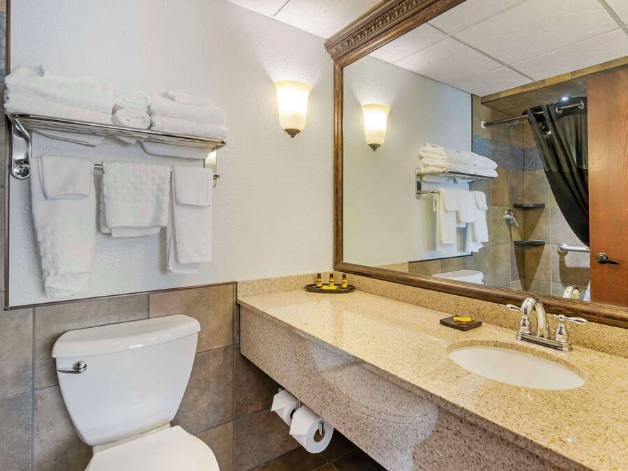 A bathroom with a toilet, sink, and mirror. There are towels on a rack and a shower curtain.