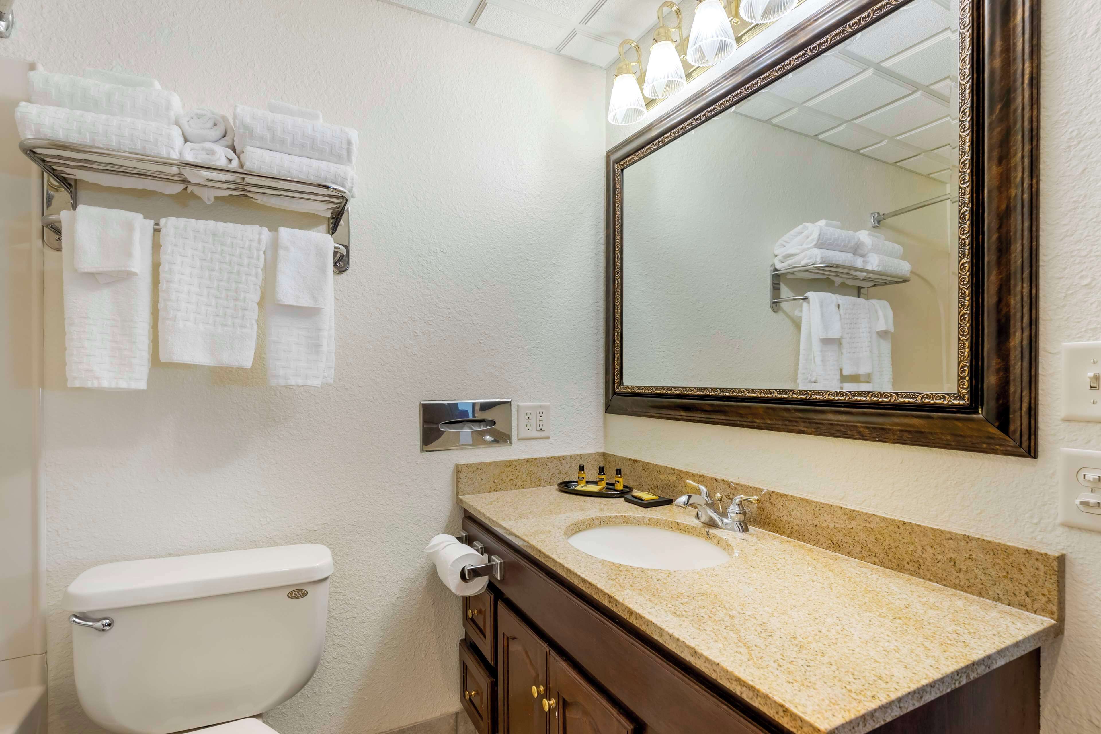 A bathroom with a toilet, sink, mirror, towel rack, and toiletries.