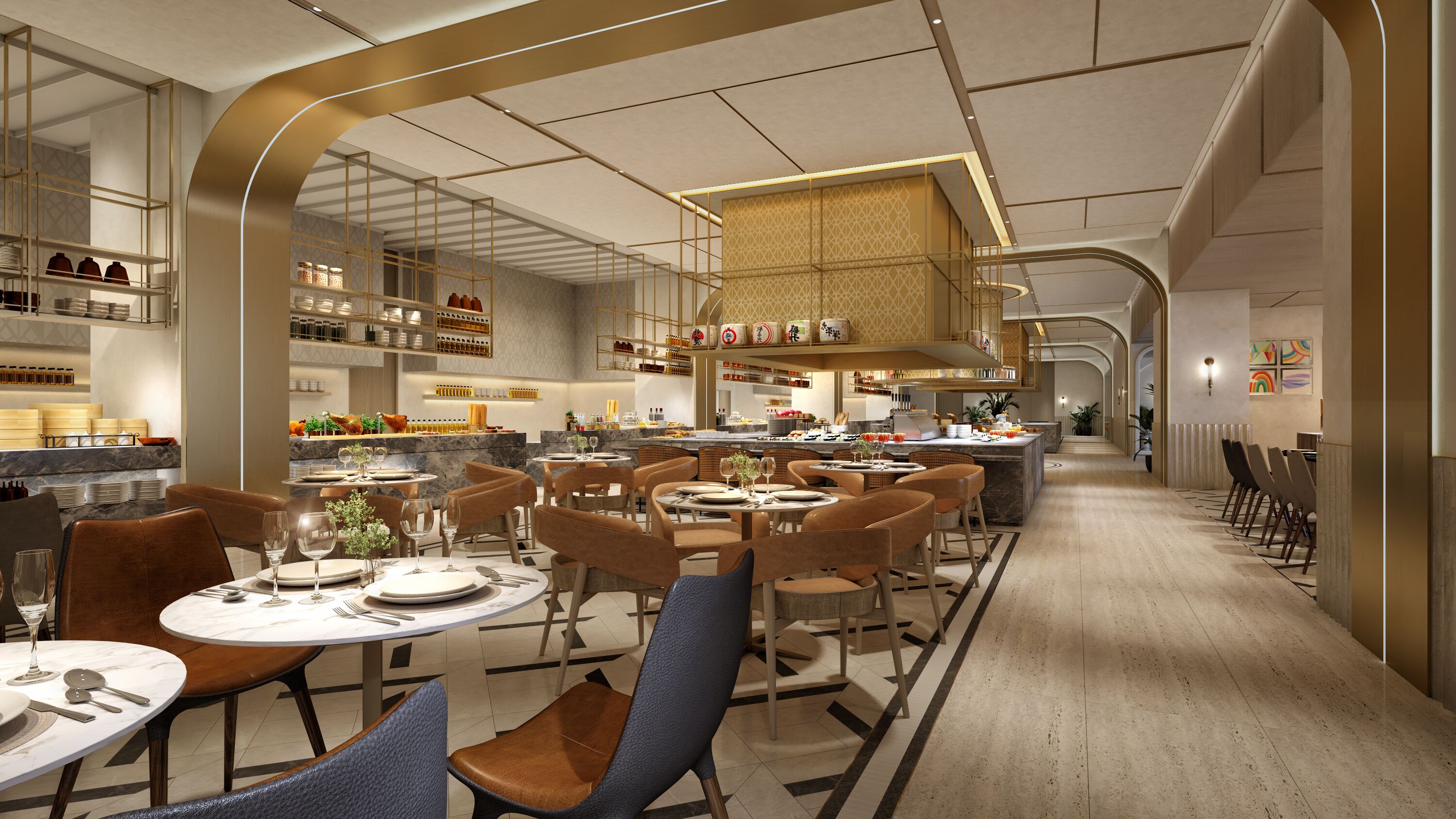 Um restaurante moderno com um balcão central, várias áreas de refeições e um longo balcão com cadeiras.