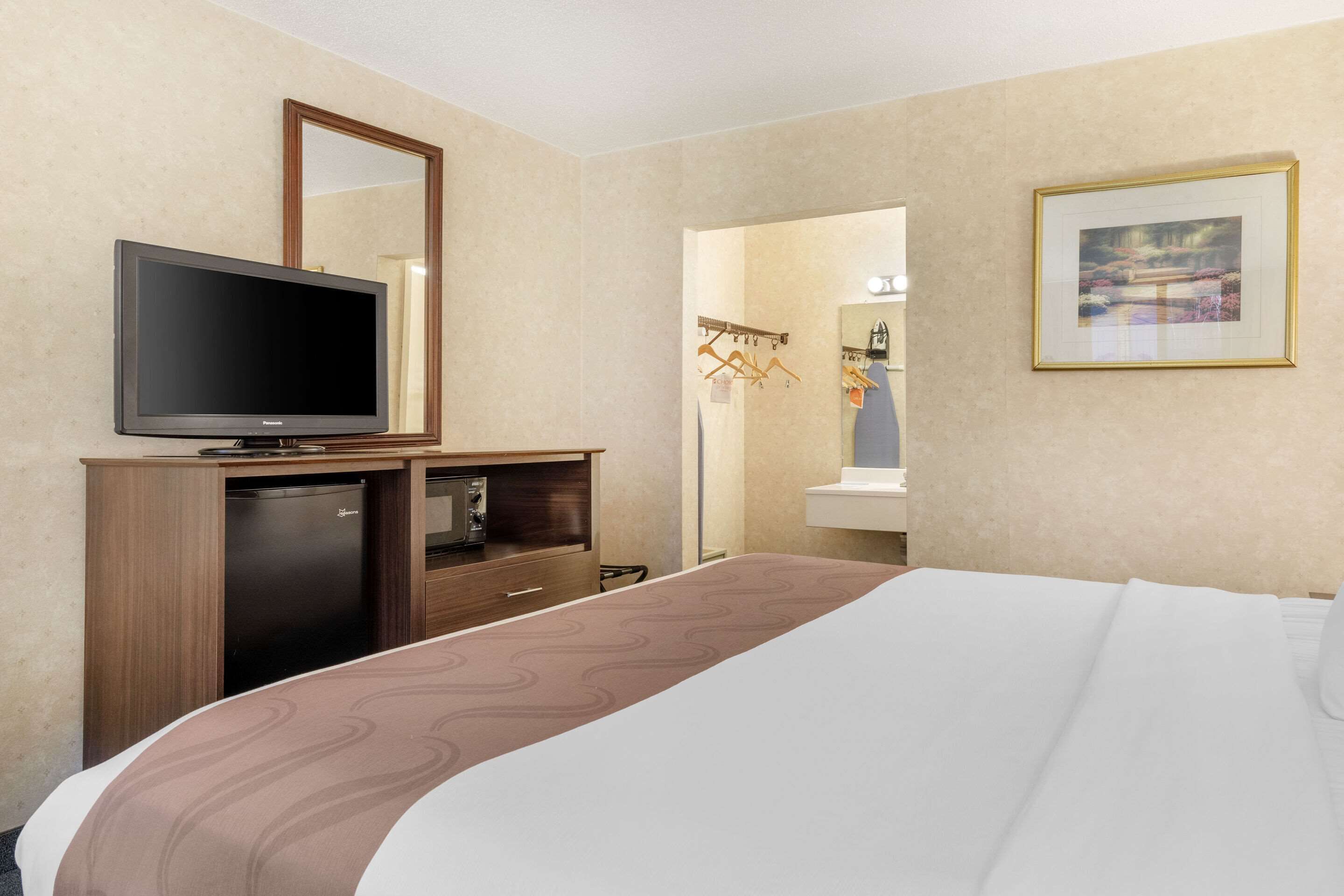 A hotel room with a bed, a television, a mini-fridge, a wooden dresser, a mirror, and a framed picture on the wall.