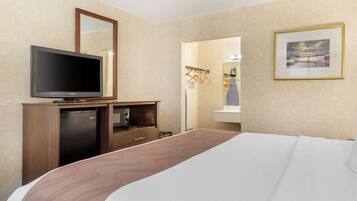 A hotel room with a bed, a television, a mini-fridge, a wooden dresser, a mirror, and a framed picture on the wall.
