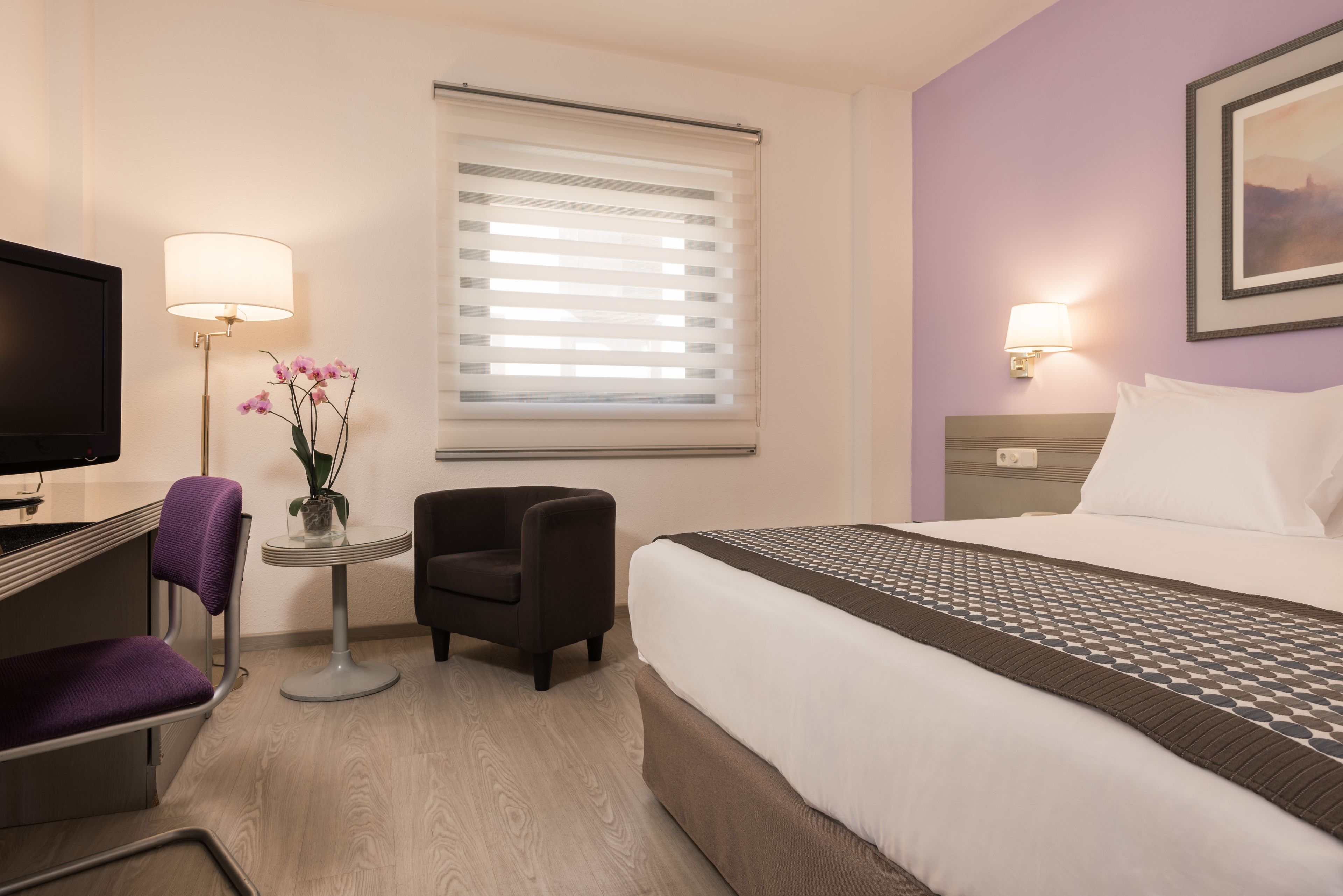 Habitación de hotel con cama, escritorio con silla, televisión y ventana con persianas.